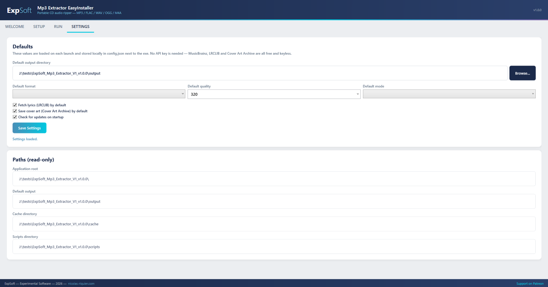 Settings tab