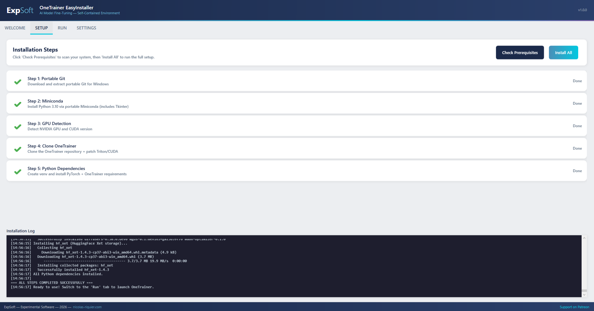 ExpSoft OneTrainer — Setup tab