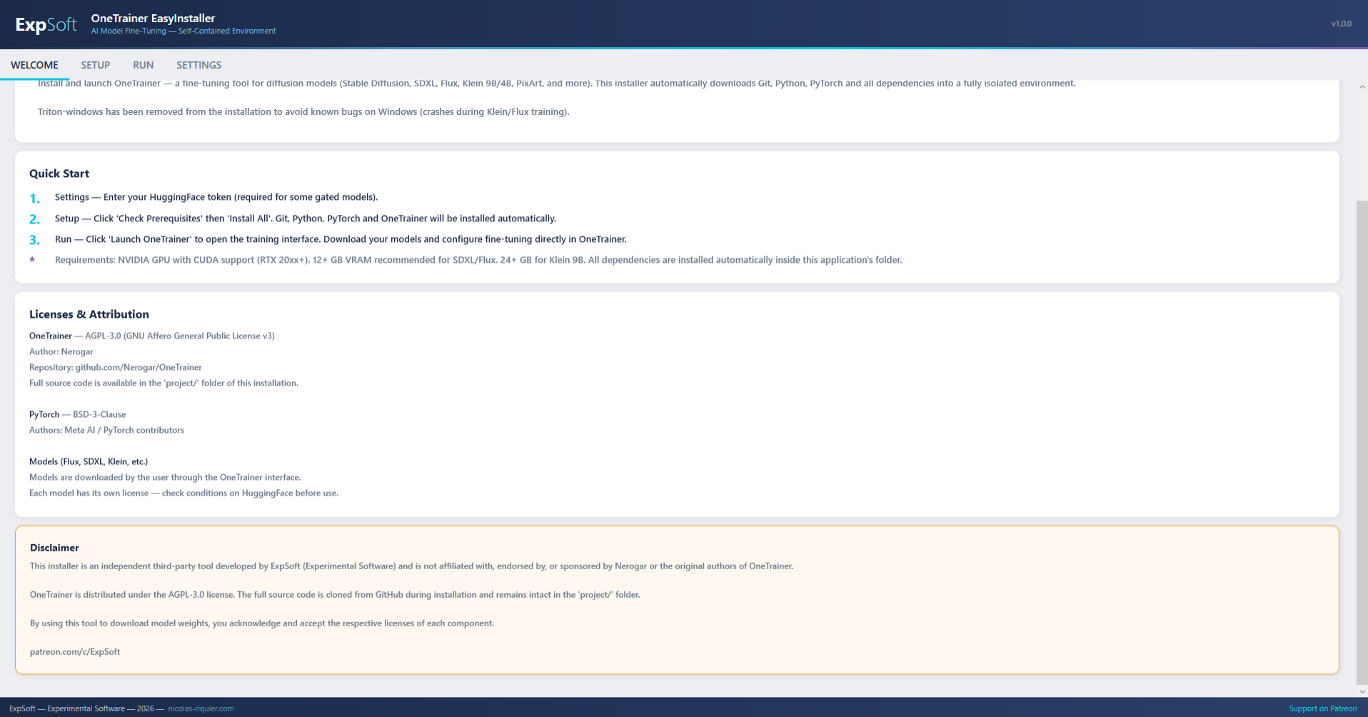 ExpSoft OneTrainer — Welcome tab
